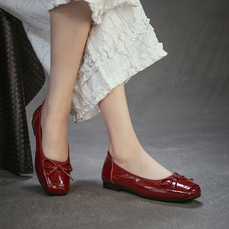 Women Shoes Japanese Brand - Genuien 가죽 라운드 발가락 낮은 굽