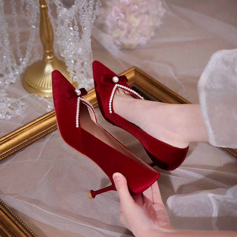 Women Shoes Quick Delivery - 레드 하이힐 진주 숙녀 펌프 활과