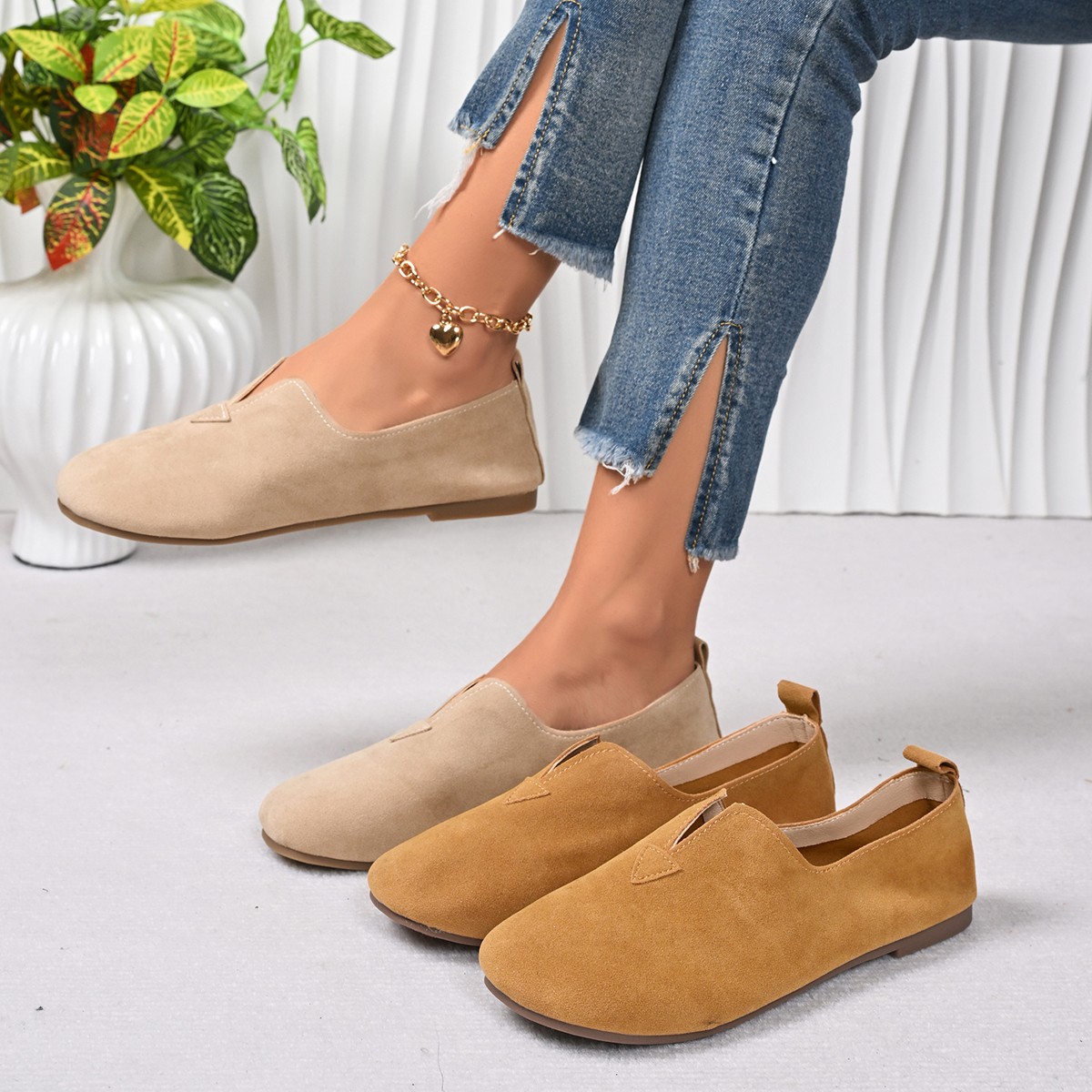 Women Shoes Quick Delivery - 여성용 플랫 슈즈 슬립온 라운드 토