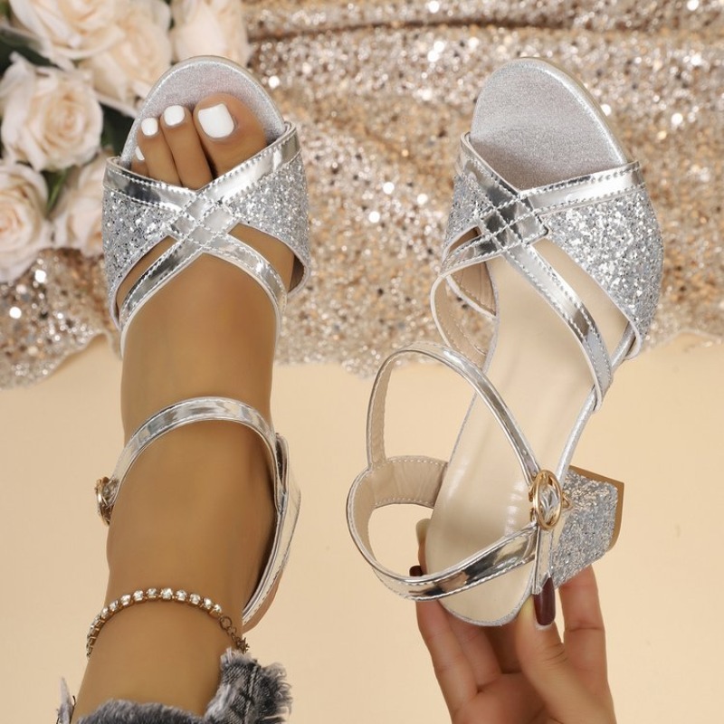 Ankle Strap Heels - 여성 블록 힐 샌들 골드 반짝이