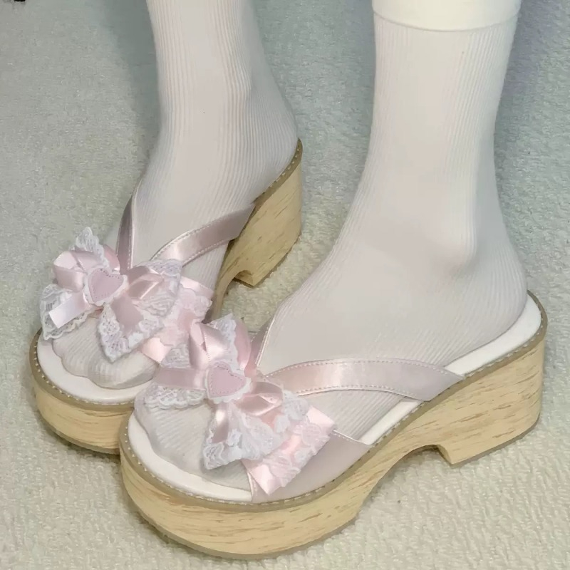 Women Shoes Japan - 스윗 보우 우드 그레인 두꺼운 바닥