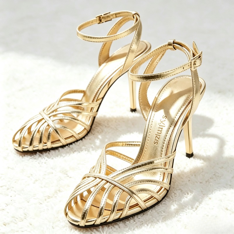 Ankle Strap Heels - 섹시한 골드 속이 비치는 슬림 밴드