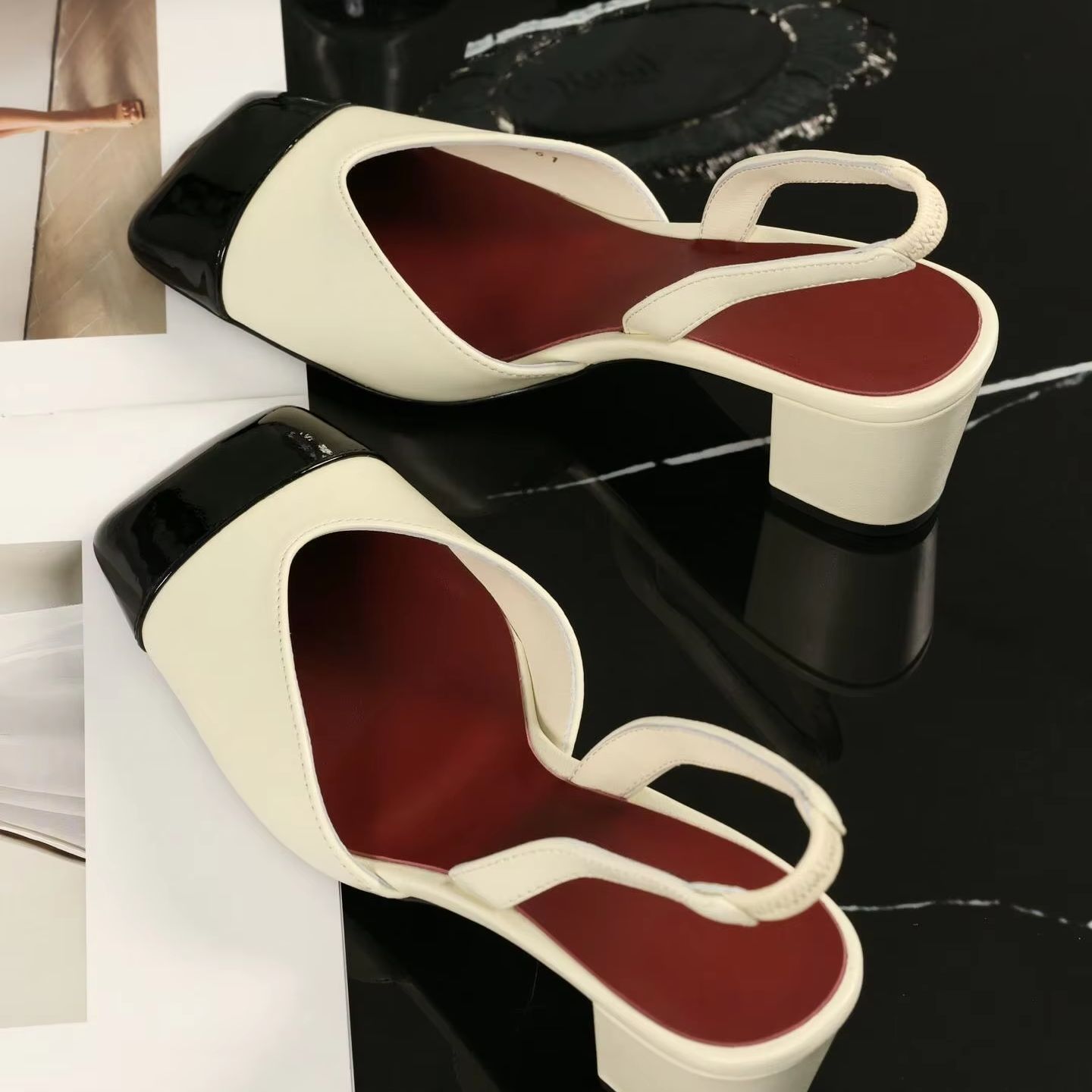 여성 슬링백 펌프스 투톤 크림 블랙 페이턴트 토캡 블록 - Women Shoes Sandals 리뷰 및 가격