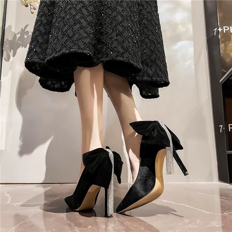 검은 색 활 Stilito 여성 펌프 라인 석 지적 발 - Women Shoes Quick Delivery 리뷰 및 가격