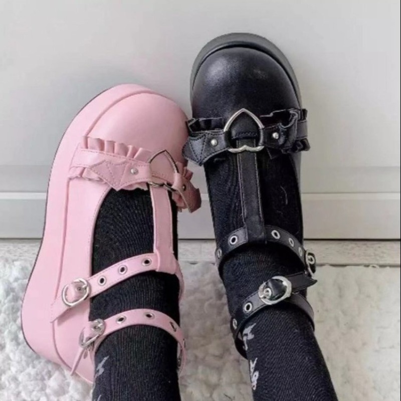 핑크 하트 모양 버클이 달린 소녀 플랫폼 웨지, 카와이 - Women Shoes Japanese Brand 리뷰 및 가격